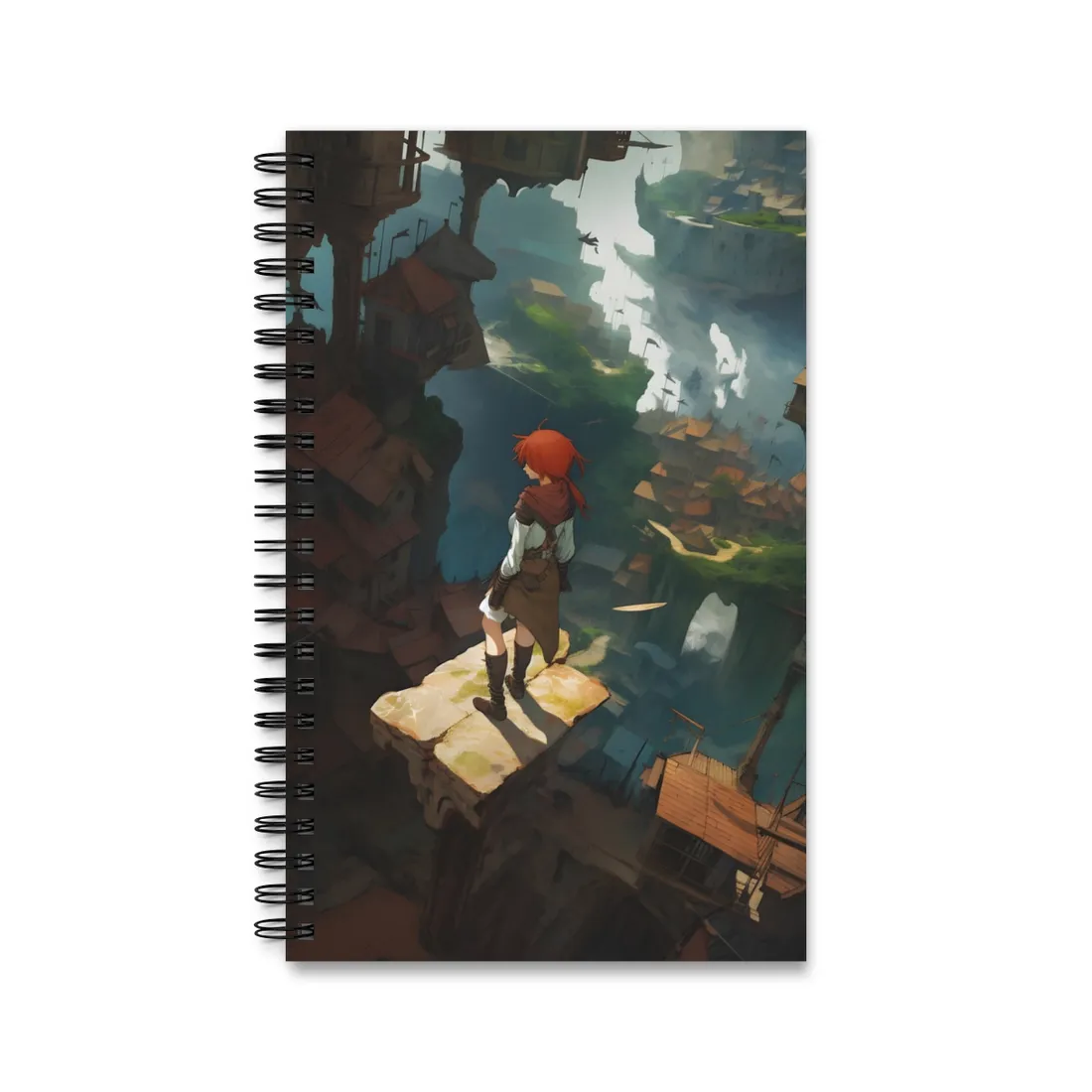 Dramatic Night City Anime: Red Haired Female Digital Art - Spiral Notebook
