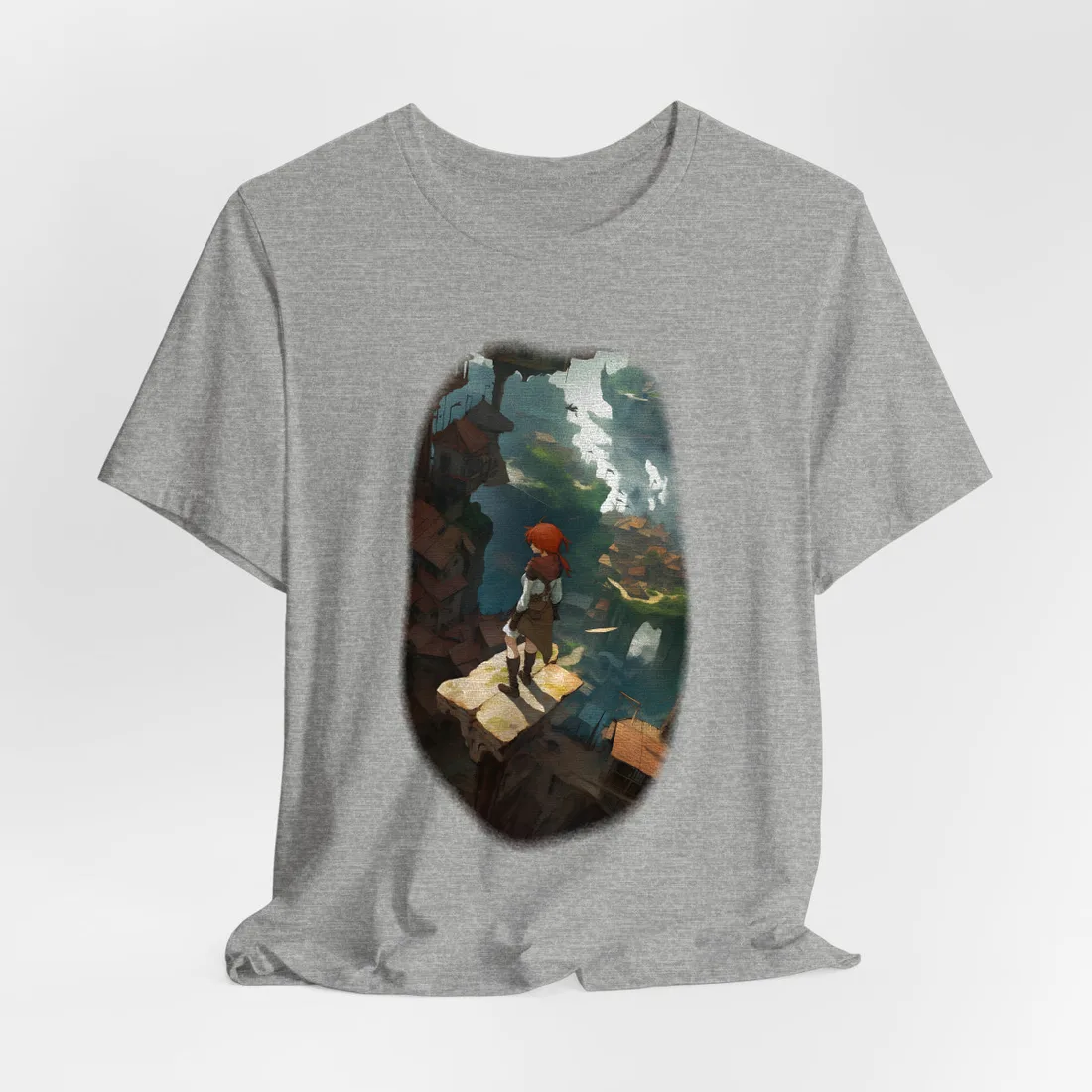 Red-haired figure stands on a stone ledge above rooftops and misty green cliffs – T-Shirt, athletic heather