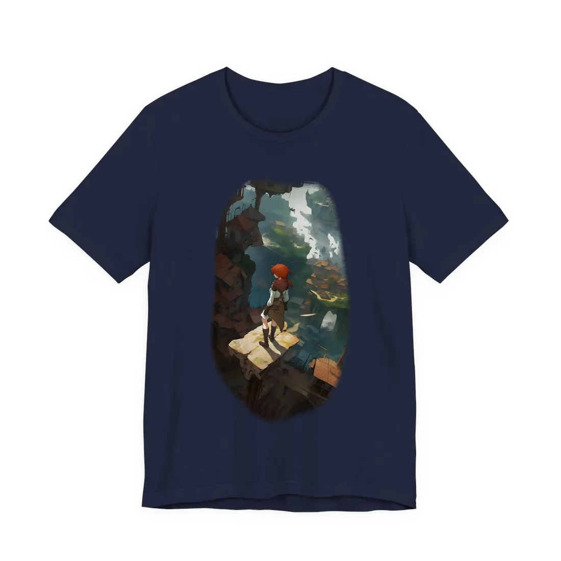 Red-haired figure stands on a stone ledge above rooftops and misty green cliffs – T-Shirt, navy