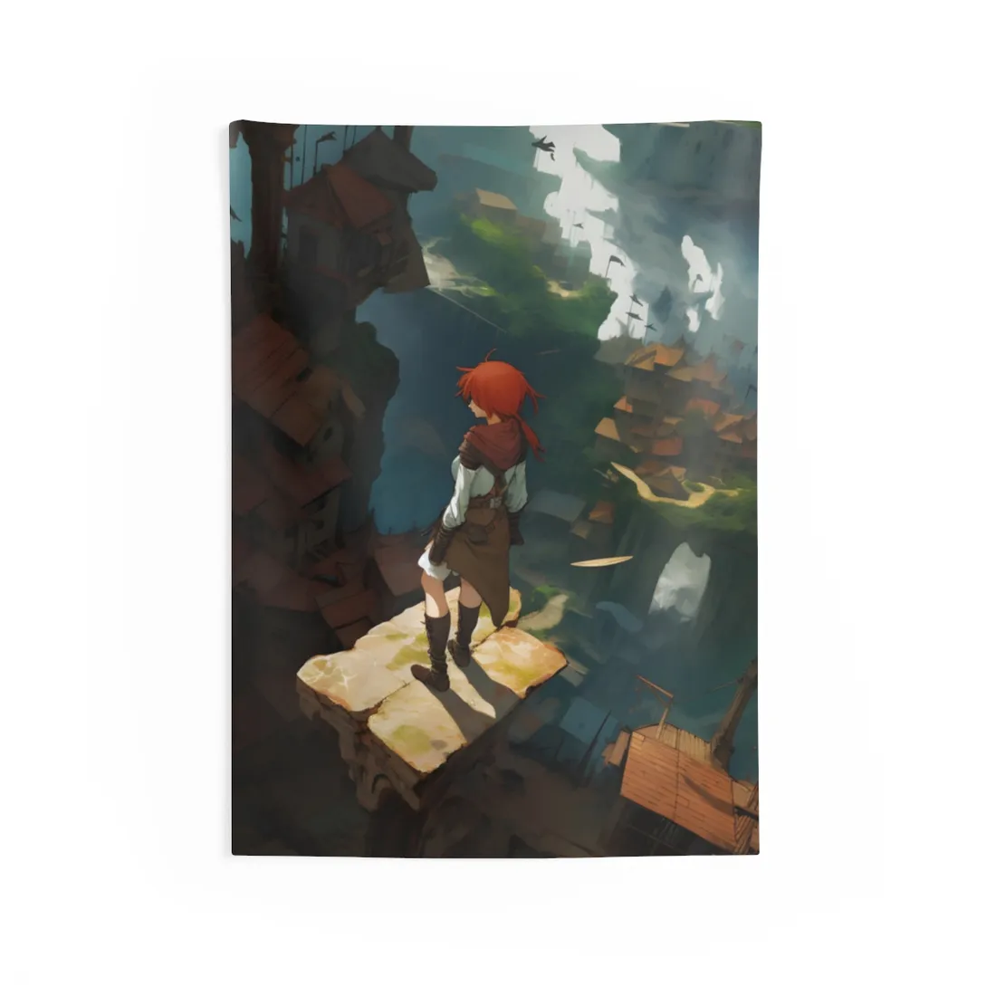 Dramatic Night City Anime: Red Haired Female Digital Art - Wall Tapestry