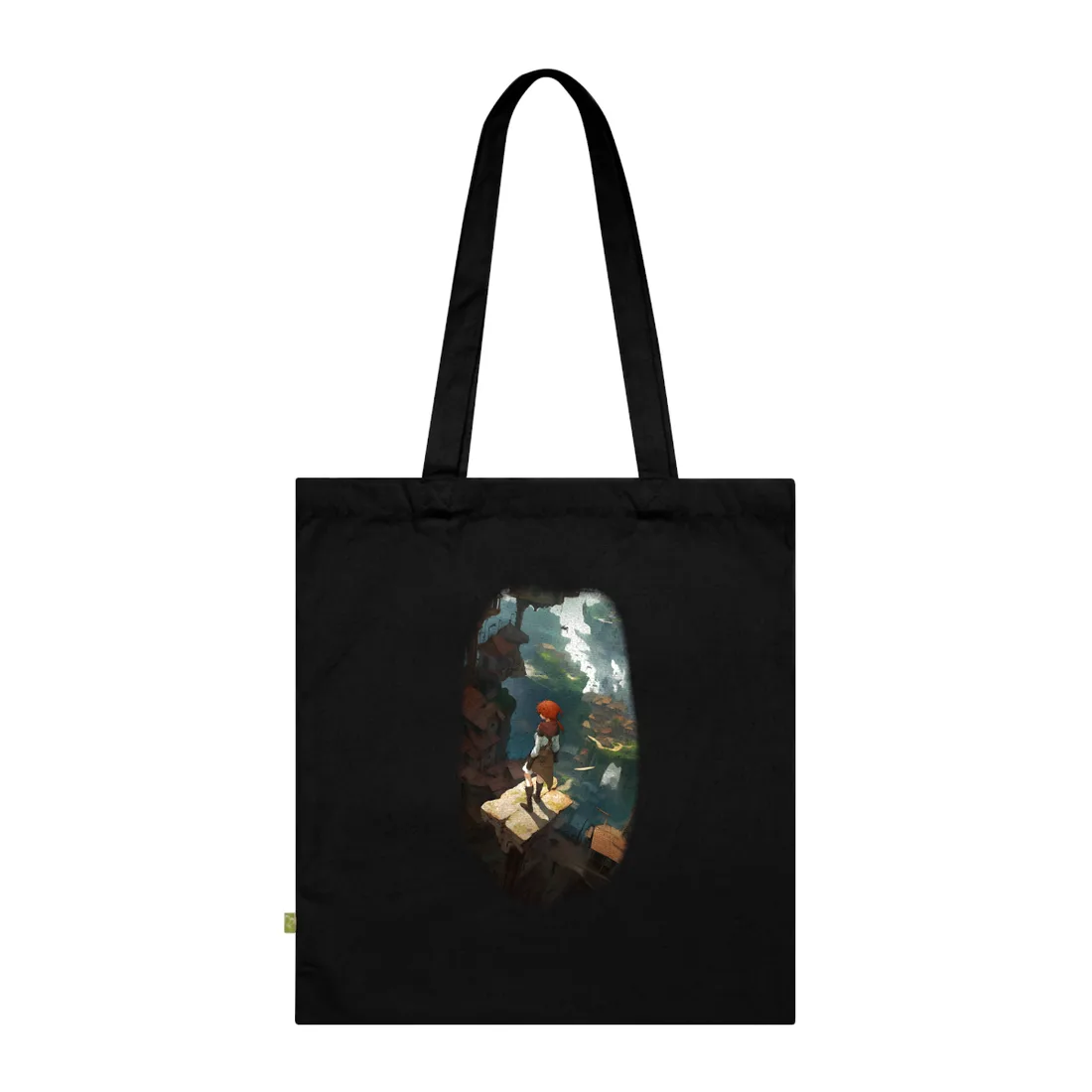 Red-haired figure stands on a stone ledge above rooftops and misty green cliffs – Tote Bag, black