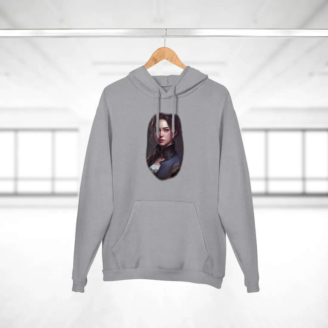 Portrait of a young woman with auburn hair in a high-collared navy coat – Hoodie, heather grey
