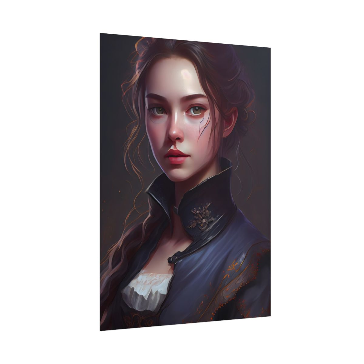 Portrait of a young woman with auburn hair in a high-collared navy coat – Poster, side view