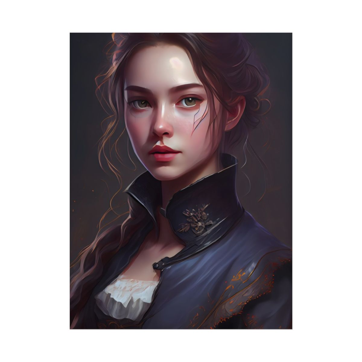 Portrait of a young woman with auburn hair in a high-collared navy coat – Poster, front view, view 4