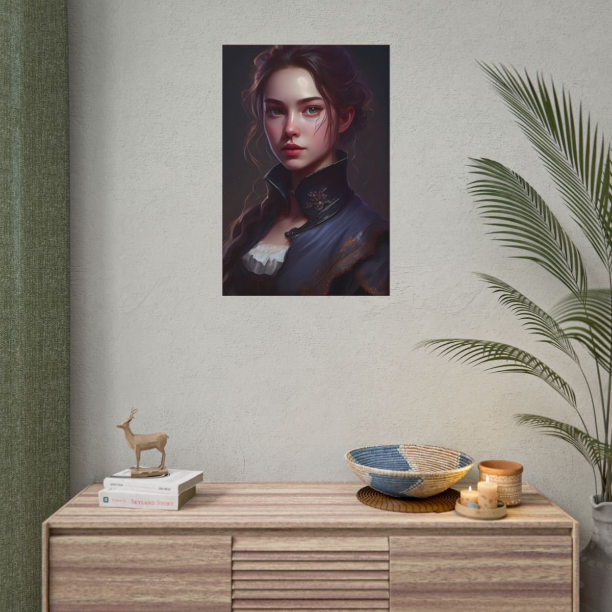 Portrait of a young woman with auburn hair in a high-collared navy coat – Poster, room mockup, view 5