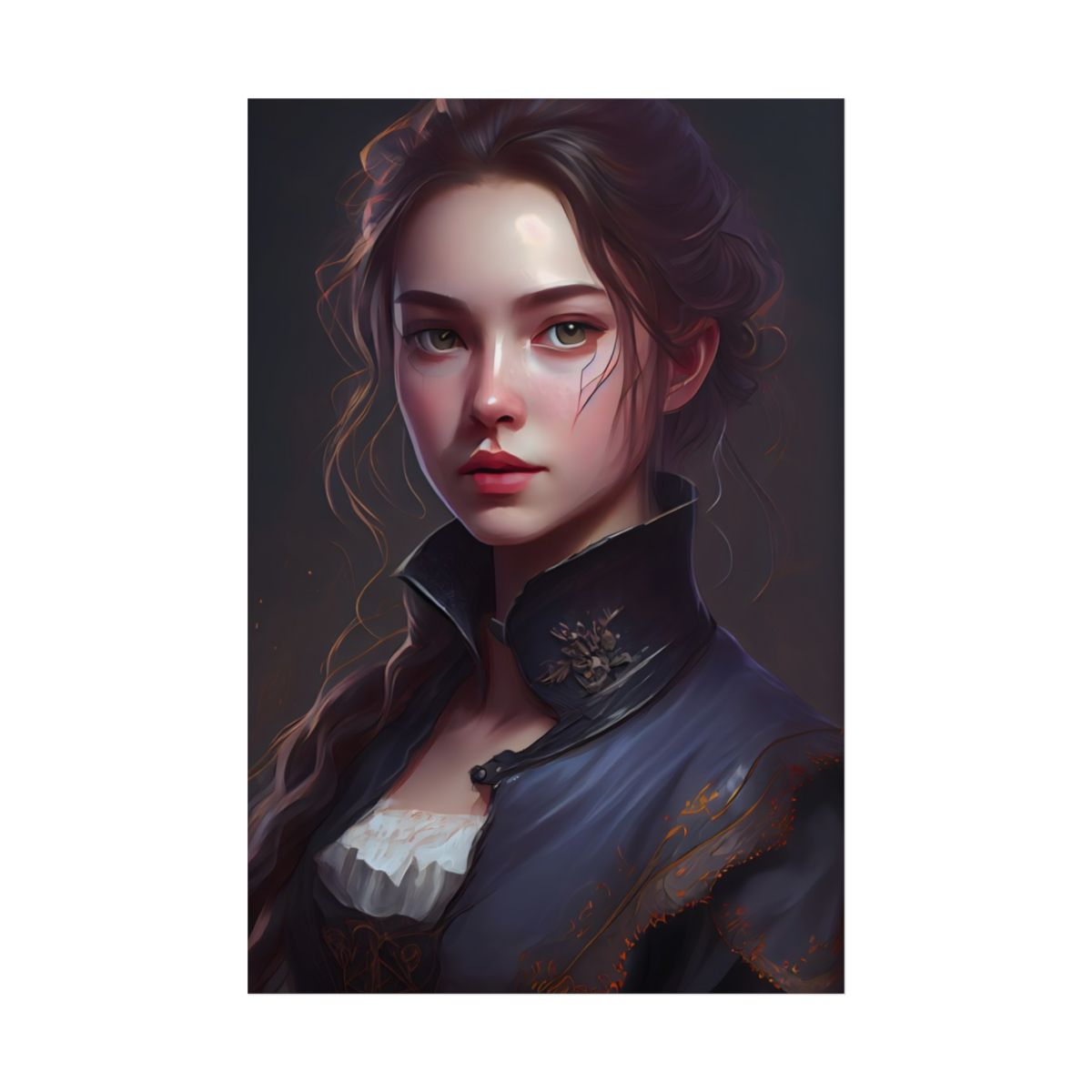 Portrait of a young woman with auburn hair in a high-collared navy coat – Poster, front view, view 6