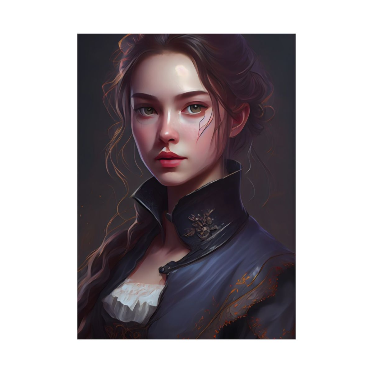 Portrait of a young woman with auburn hair in a high-collared navy coat – Poster, front view, view 1