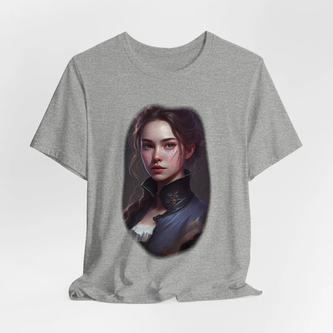 Portrait of a young woman with auburn hair in a high-collared navy coat – T-Shirt, athletic heather