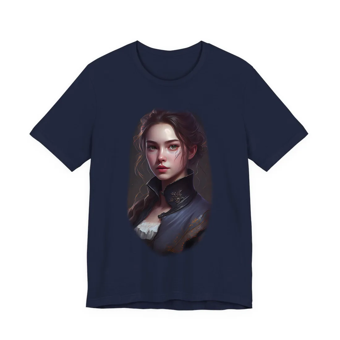 Portrait of a young woman with auburn hair in a high-collared navy coat – T-Shirt, navy