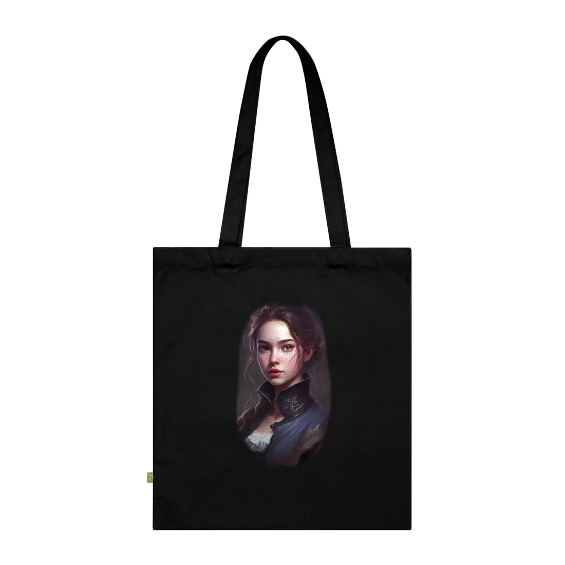 Portrait of a young woman with auburn hair in a high-collared navy coat – Tote Bag, black