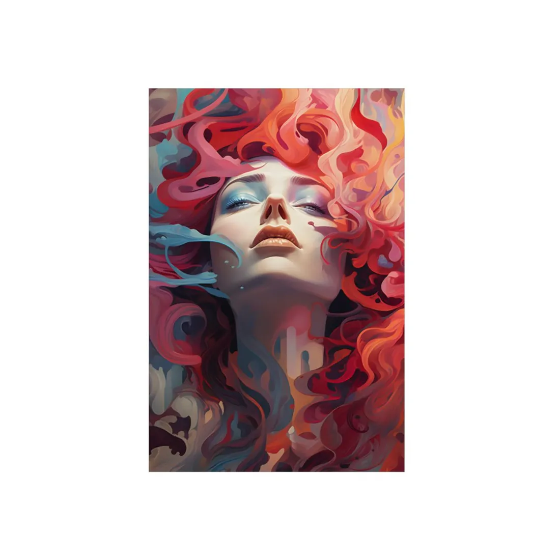 Dreamlike Woman in Red: Swirling Floral Portrait - Metal Poster