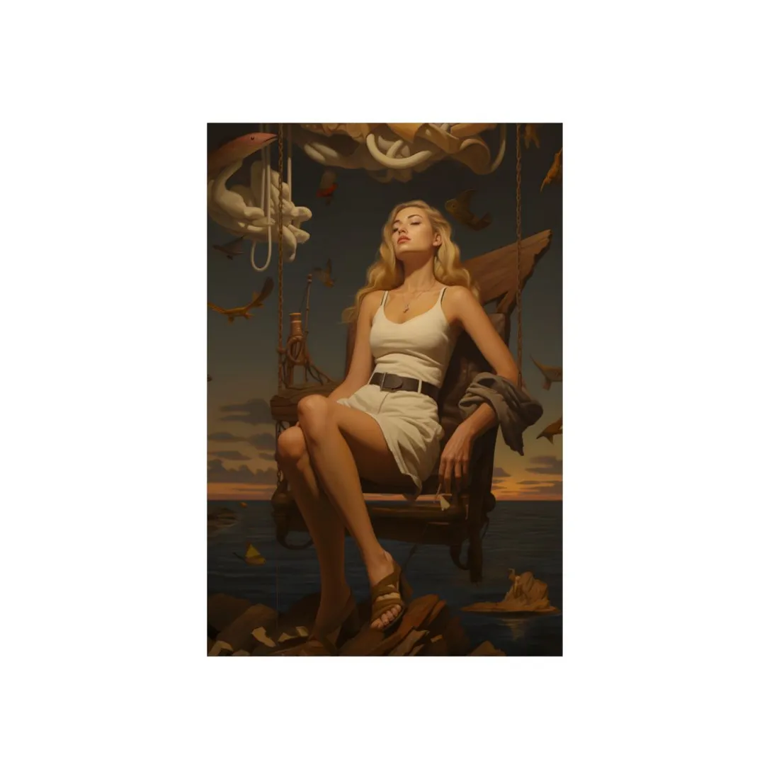 Dusk at Sea: Woman Resting on a Nautical Swing - Metal Poster