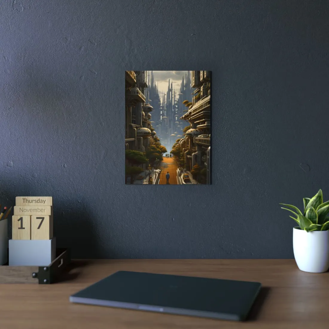 Dusk Metropolis: Dense Futuristic City Street - Metal Poster