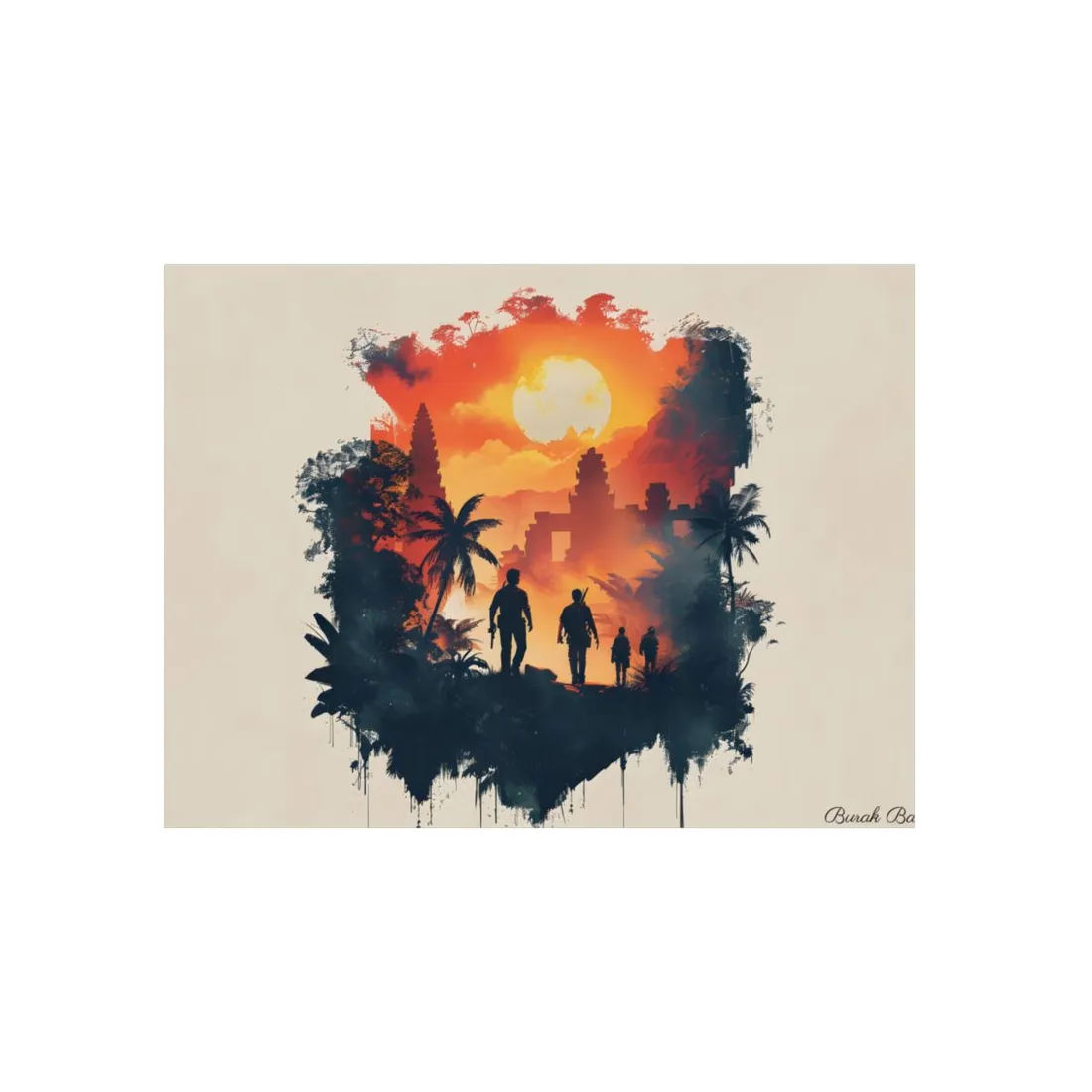 Dusk Temple Silhouette: Explorers Journey to Ancient Ruins - Metal Poster
