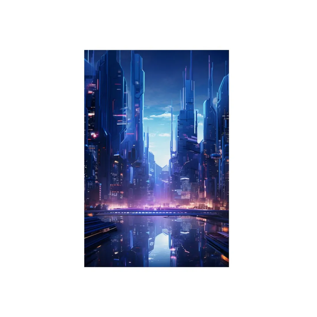 Dystopian Cyberpunk Cityscape: Glowing Neon Lights - Metal Poster