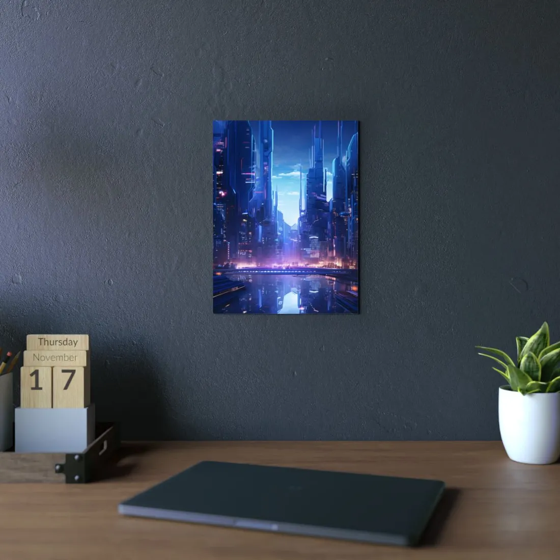 Dystopian Cyberpunk Cityscape: Glowing Neon Lights - Metal Poster