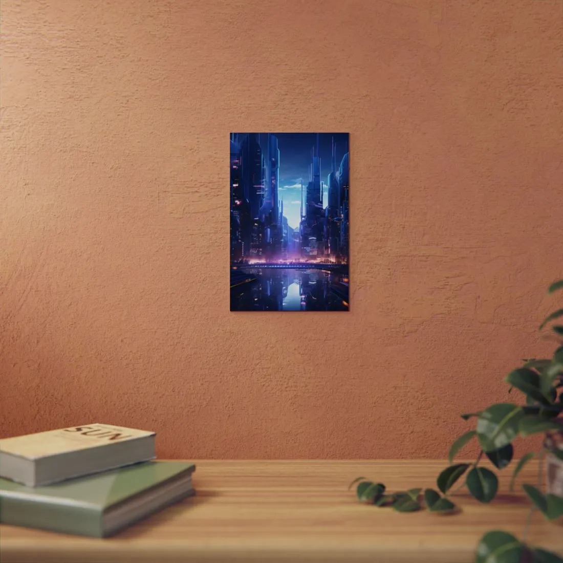 Dystopian Cyberpunk Cityscape: Glowing Neon Lights - Metal Poster
