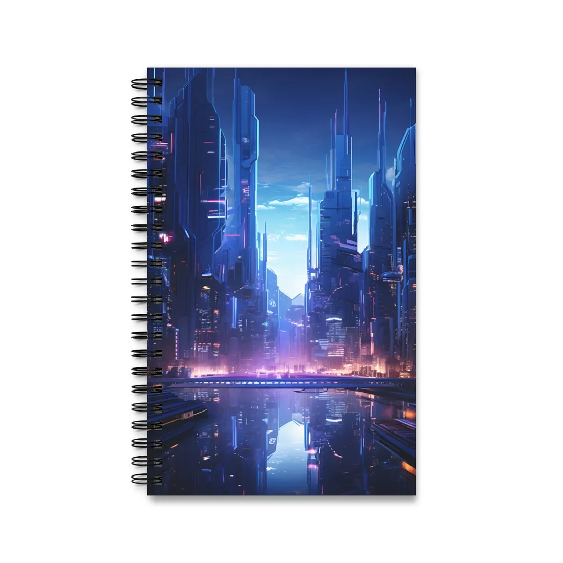 Dystopian Cyberpunk Cityscape: Glowing Neon Lights - Spiral Notebook
