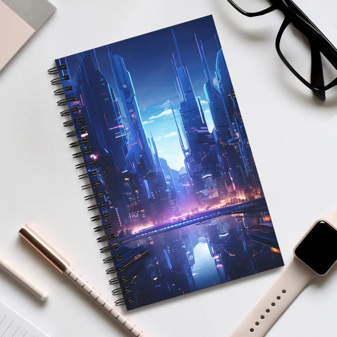 Dystopian Cyberpunk Cityscape: Glowing Neon Lights - Spiral Notebook