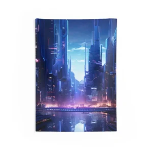 Blue Skyscrapers over Water Wall Tapestry