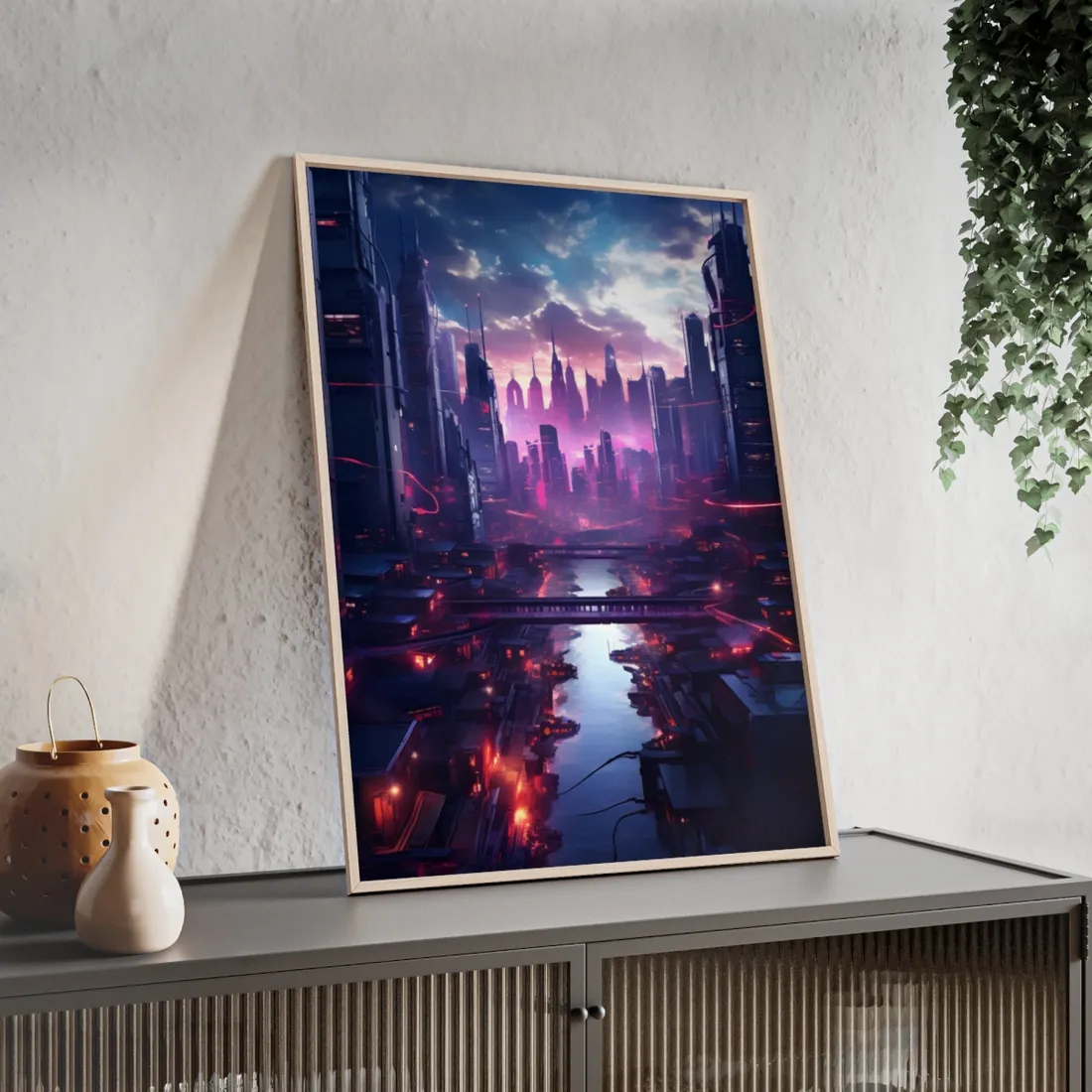 Dystopian Cyberpunk Cityscape: Neon Futuristic - Framed Poster