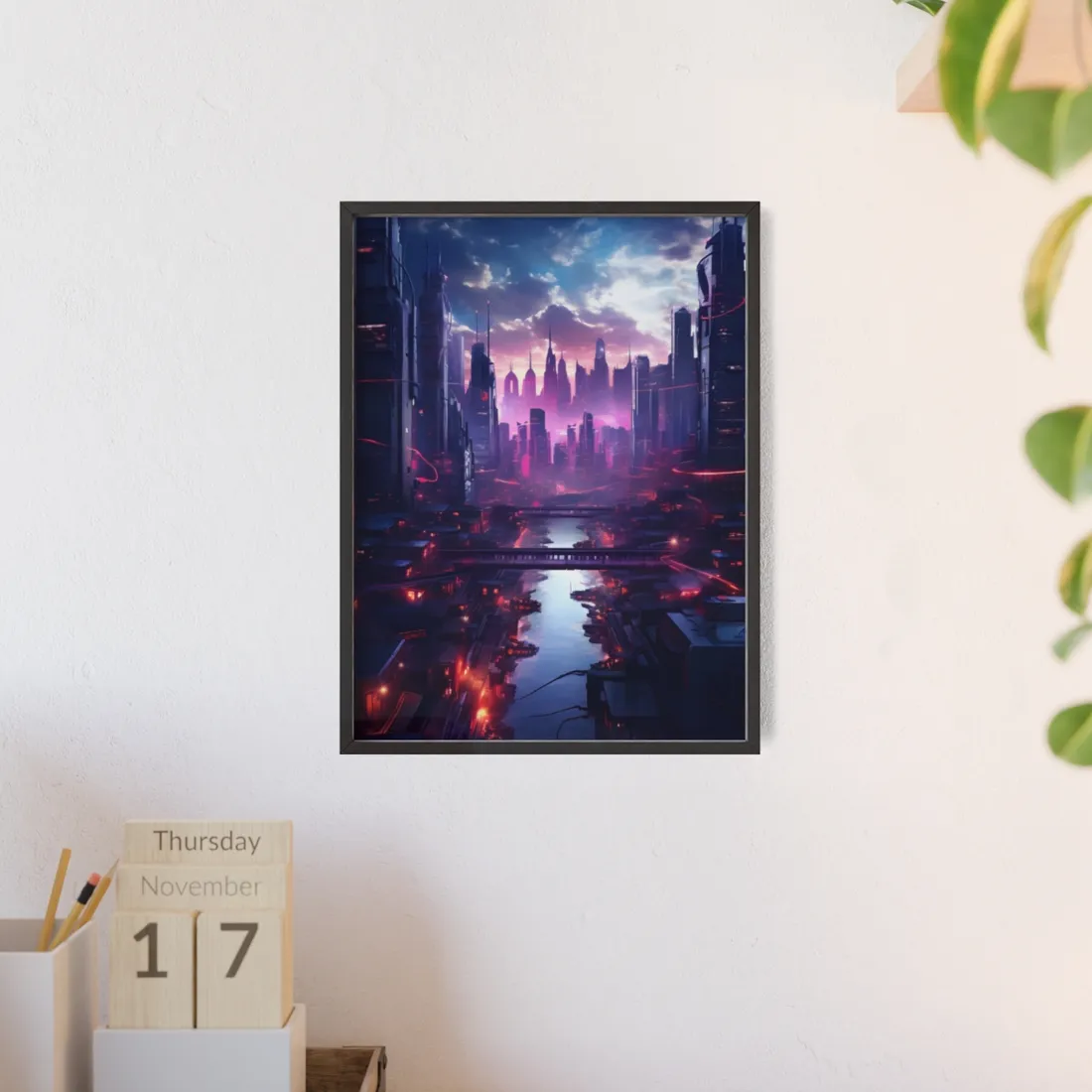 Dystopian Cyberpunk Cityscape: Neon Futuristic - Framed Poster