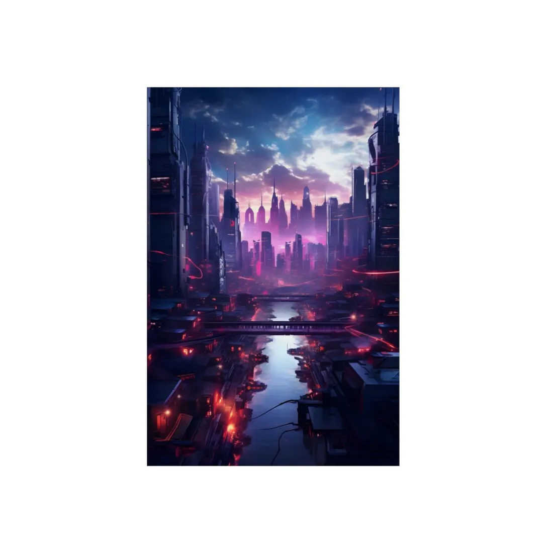 Dystopian Cyberpunk Cityscape: Neon Futuristic - Metal Poster