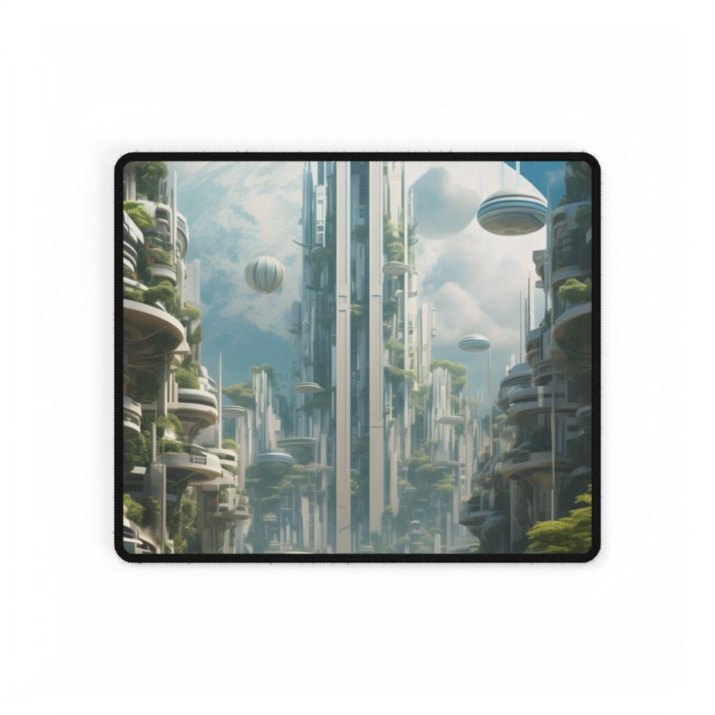 Dystopian Utopia: Futuristic Cityscape Under Oppression - Desk Mat