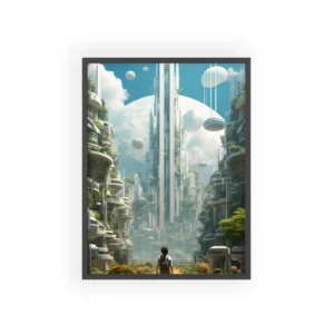 Futuristic City with Walking Figure Framed Poster