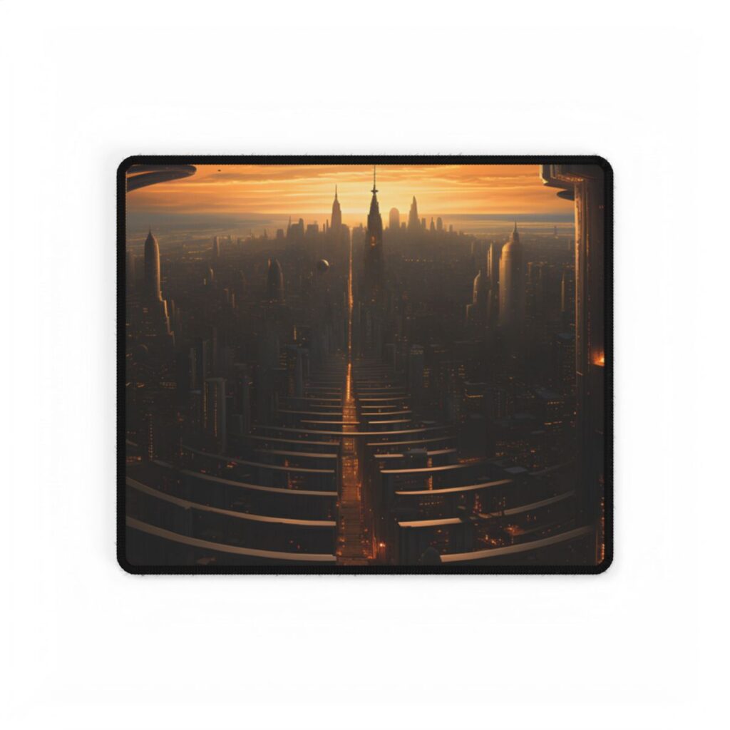 Dystopian Utopia: Futuristic Cityscape with Dark Facade - Desk Mat