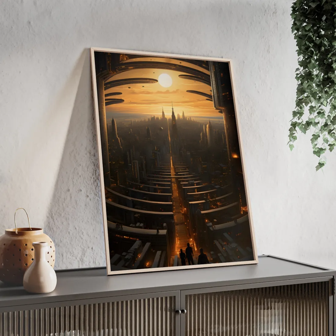 Dystopian Utopia: Futuristic Cityscape with Dark Facade - Framed Poster