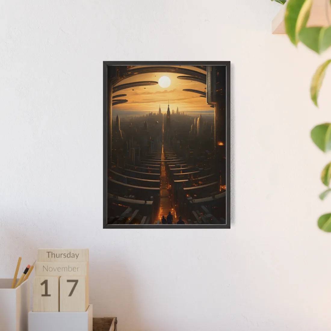 Dystopian Utopia: Futuristic Cityscape with Dark Facade - Framed Poster