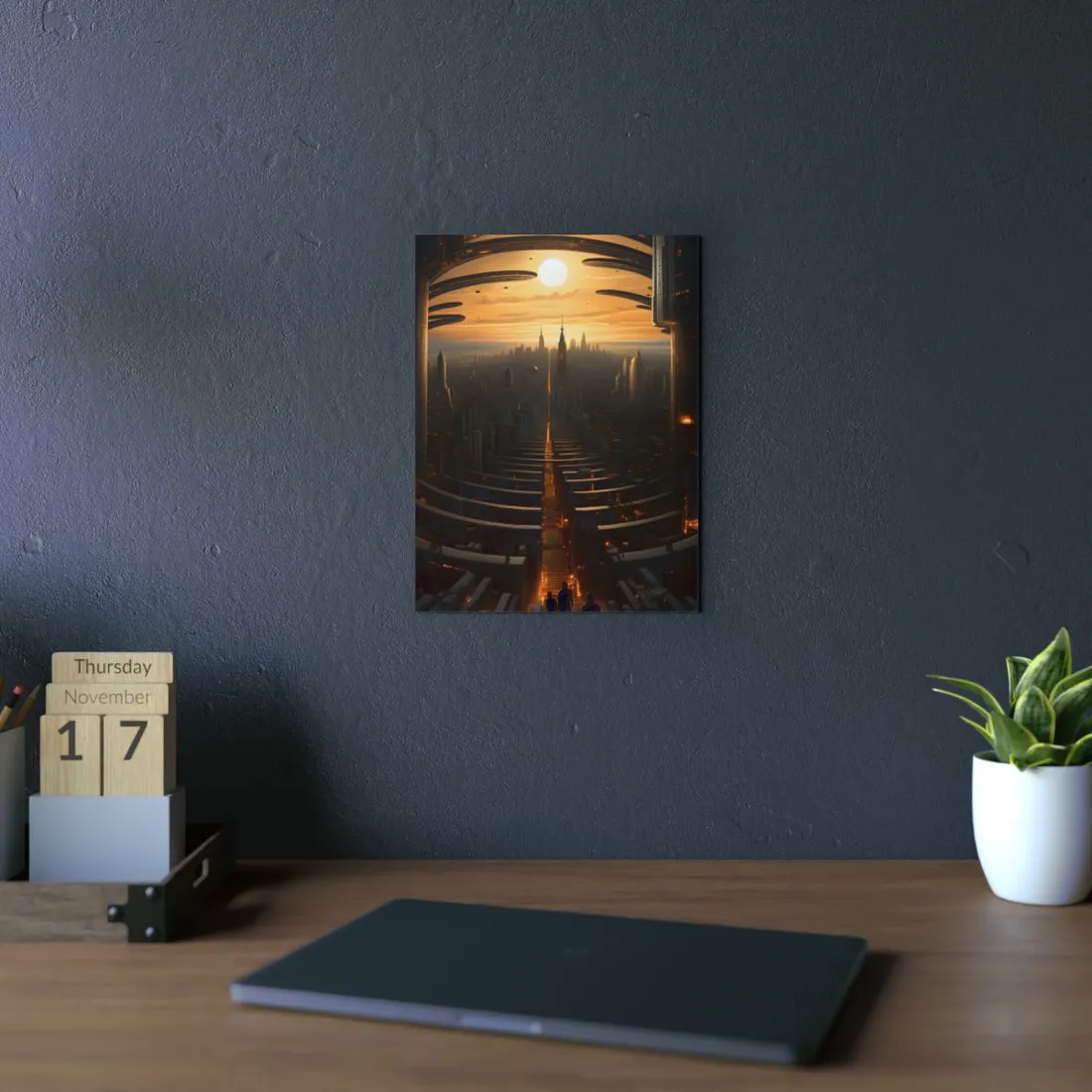 Dystopian Utopia: Futuristic Cityscape with Dark Facade - Metal Poster