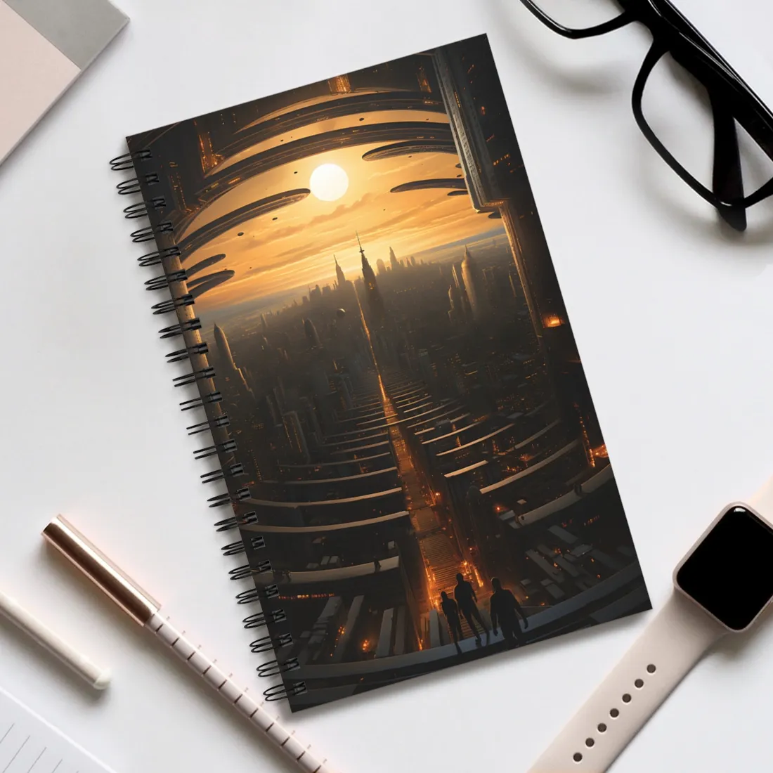 Dystopian Utopia: Futuristic Cityscape with Dark Facade - Spiral Notebook