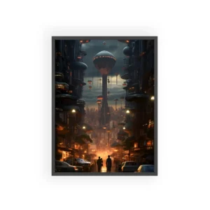 Floating Pods Above City Street Framed Poster