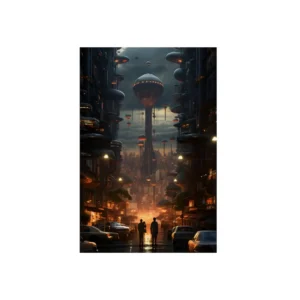 Floating Pods Above City Street Metal Poster