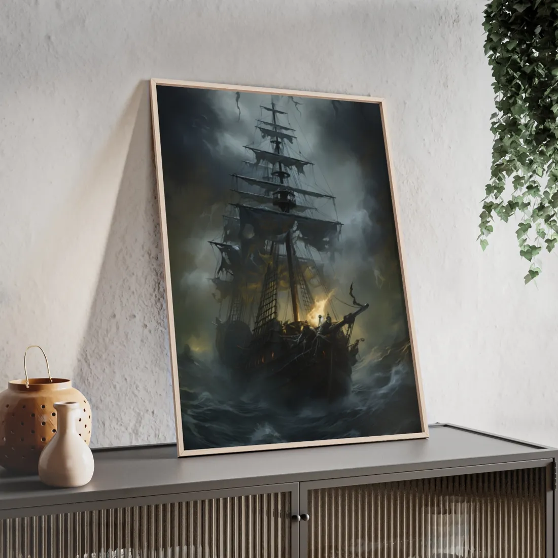 Eerie Pirate Ghost Ship: Sailing Seascape - Framed Poster
