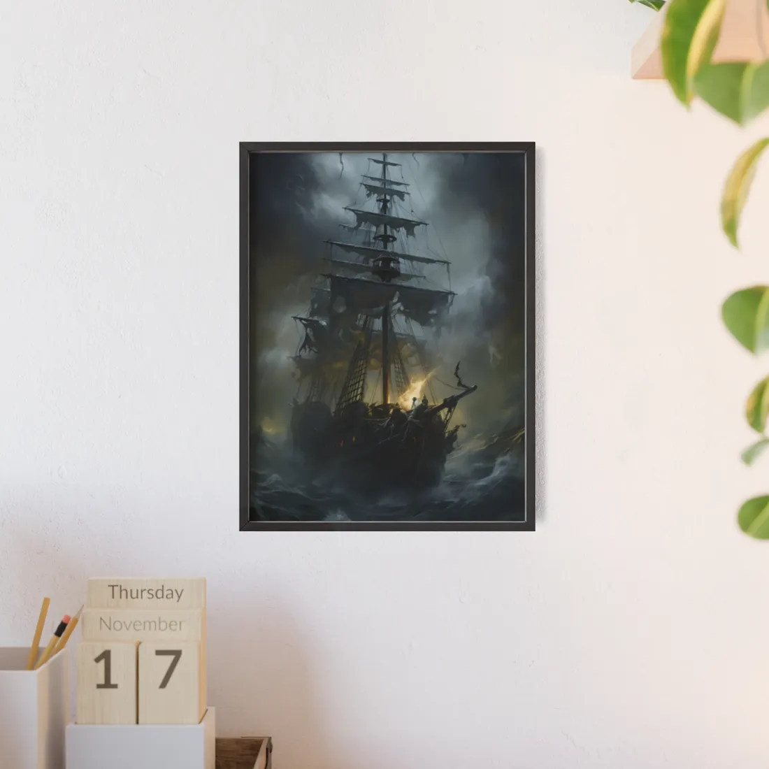 Eerie Pirate Ghost Ship: Sailing Seascape - Framed Poster