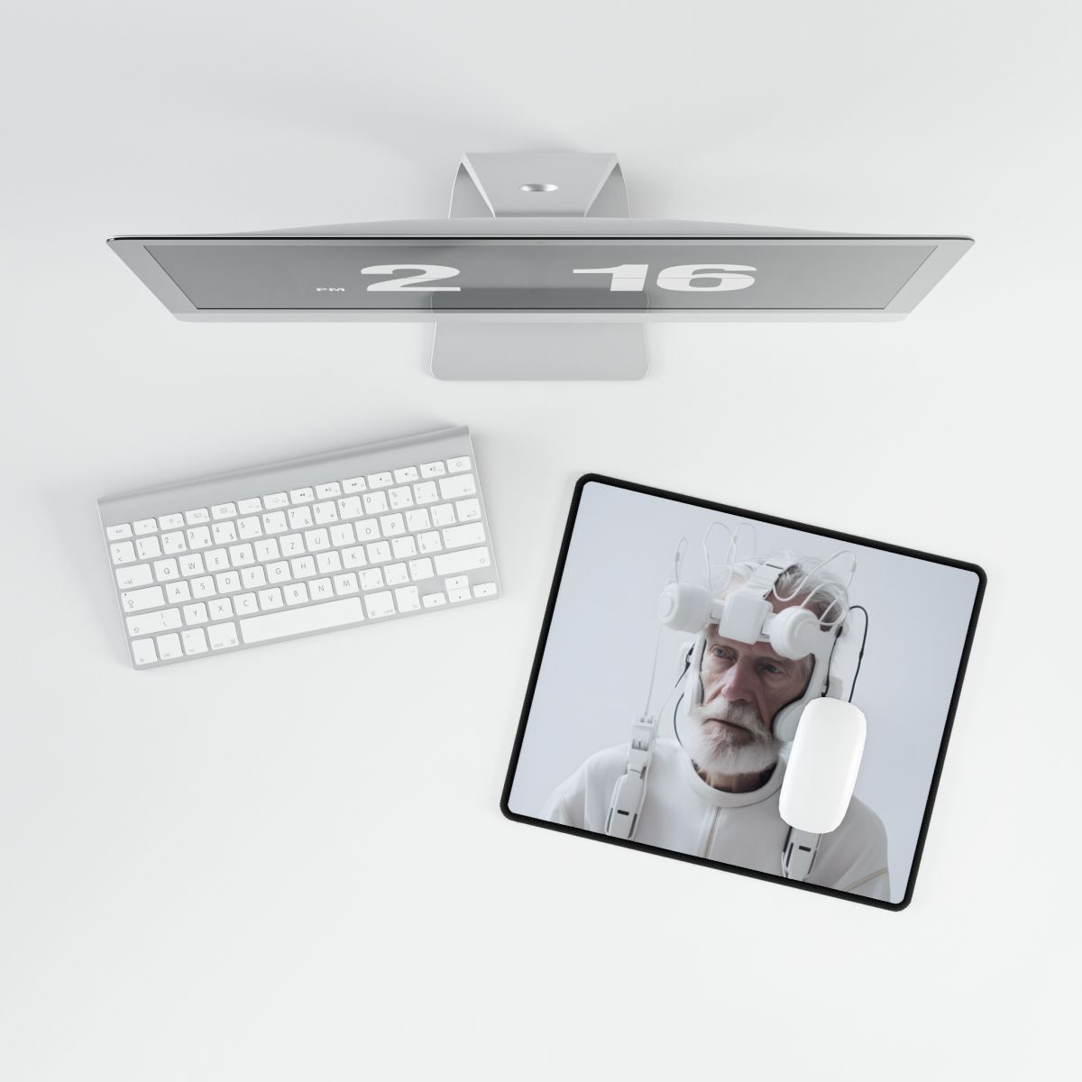 Elderly Man in Advanced Tech: Sci-Fi Headset Art - Desk Mat