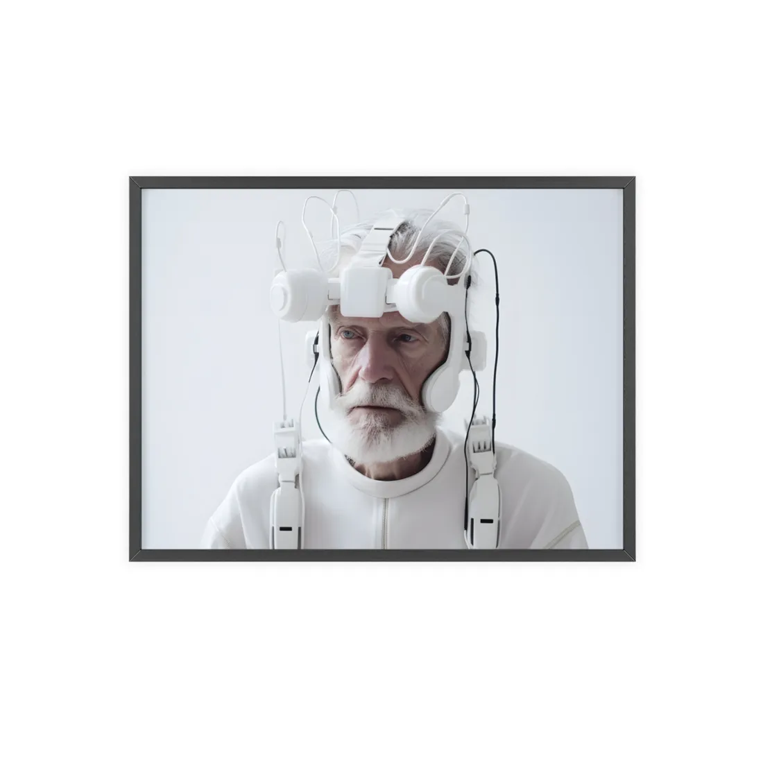Elderly Man in Advanced Tech: Sci-Fi Headset Art - Framed Poster