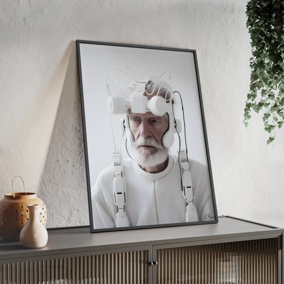 Elderly Man in Advanced Tech: Sci-Fi Headset Art - Framed Poster