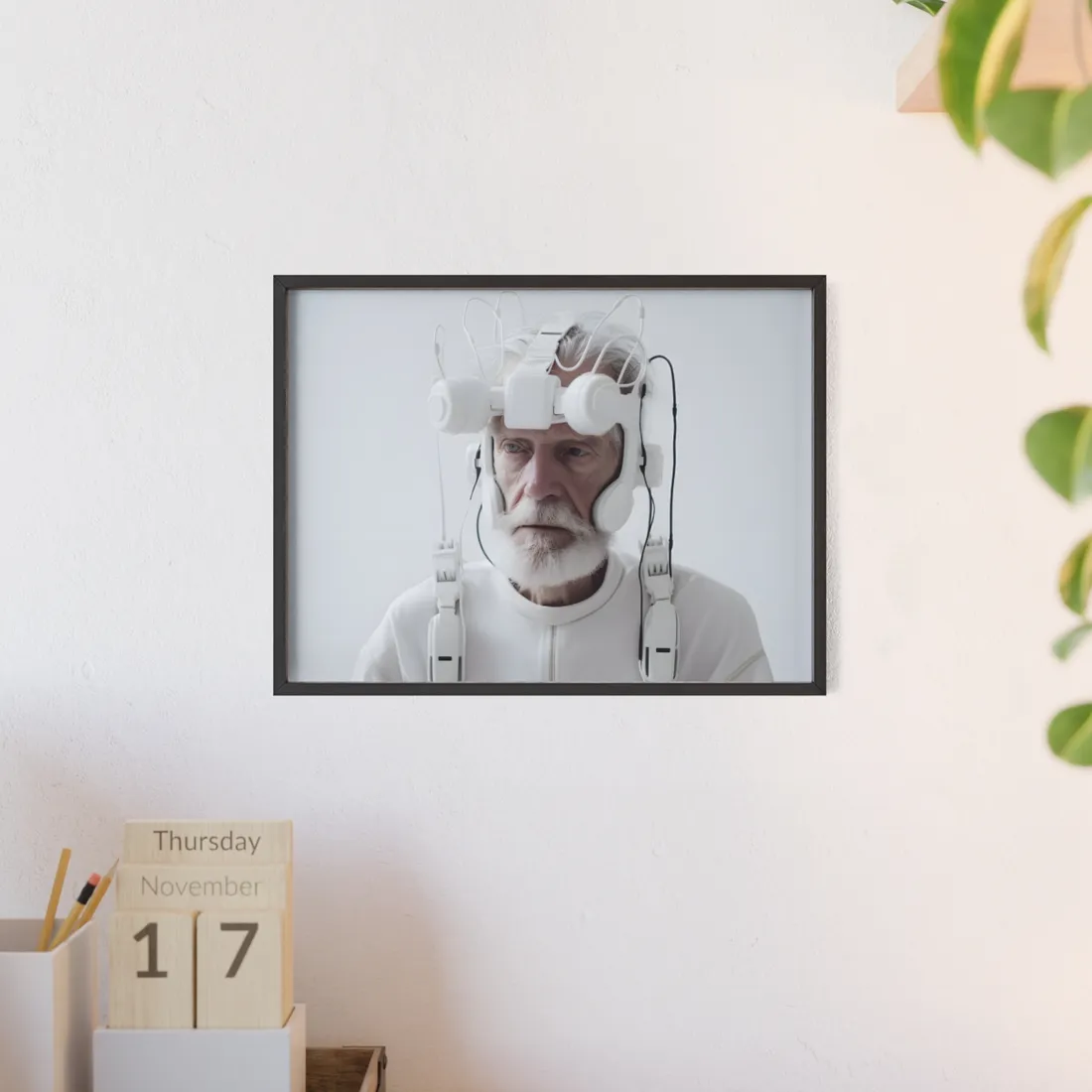 Elderly Man in Advanced Tech: Sci-Fi Headset Art - Framed Poster