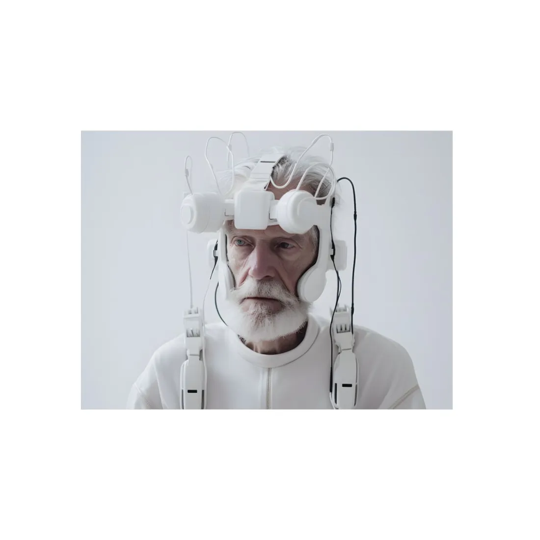 Elderly Man in Advanced Tech: Sci-Fi Headset Art - Metal Poster