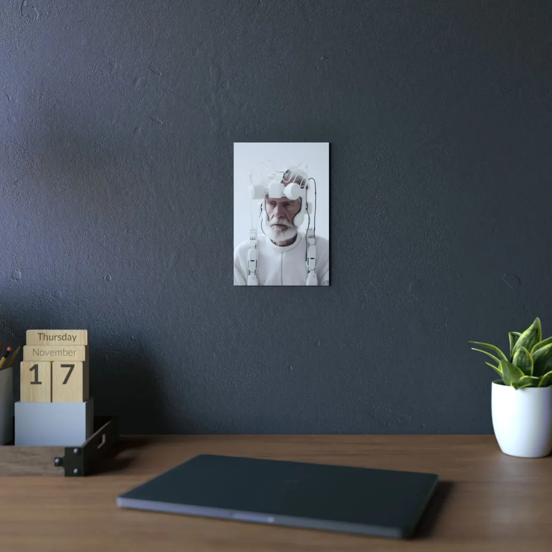 Elderly Man in Advanced Tech: Sci-Fi Headset Art - Metal Poster