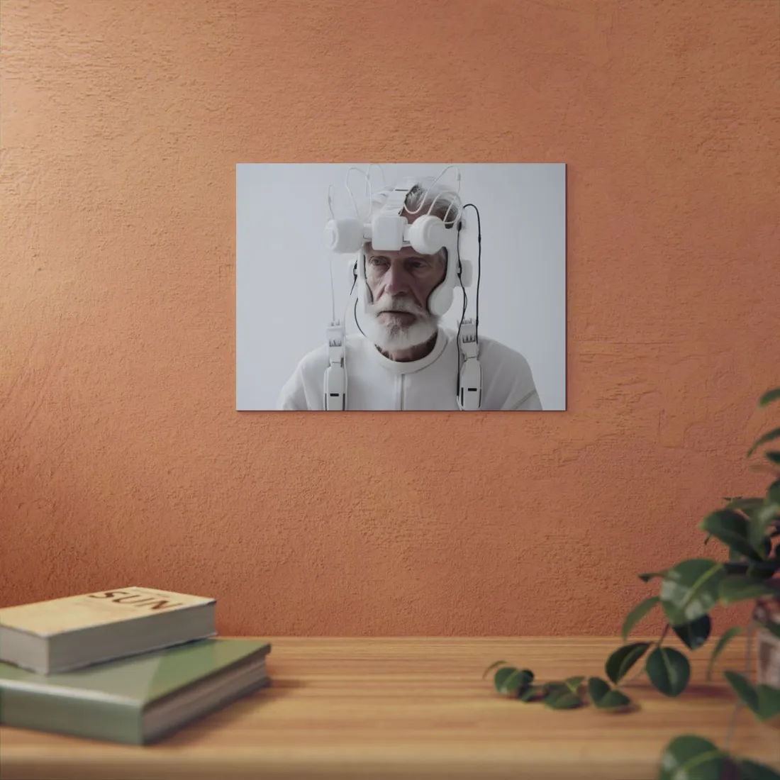 Elderly Man in Advanced Tech: Sci-Fi Headset Art - Metal Poster