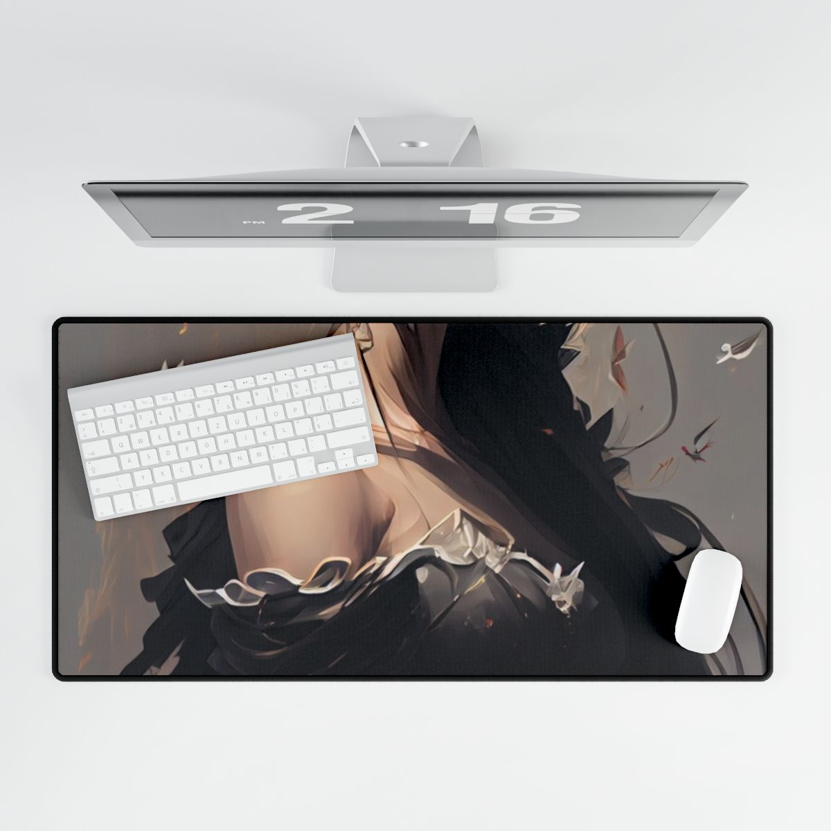 Elegant Black Hair Portrait: Beautiful Female in Dress Art - Desk Mat