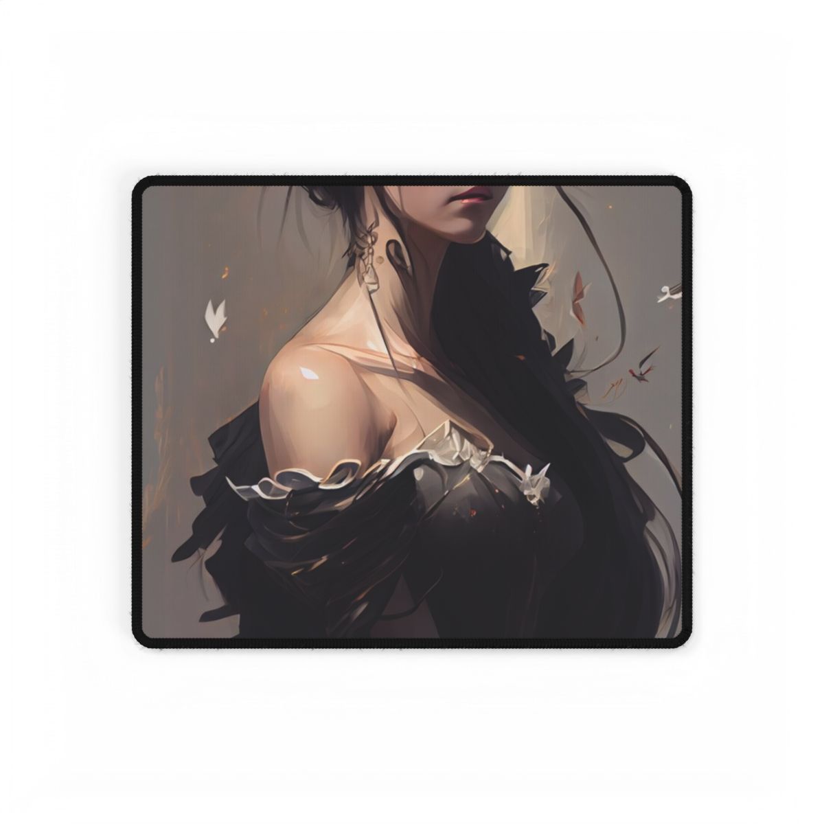 Elegant Black Hair Portrait: Beautiful Female in Dress Art - Desk Mat