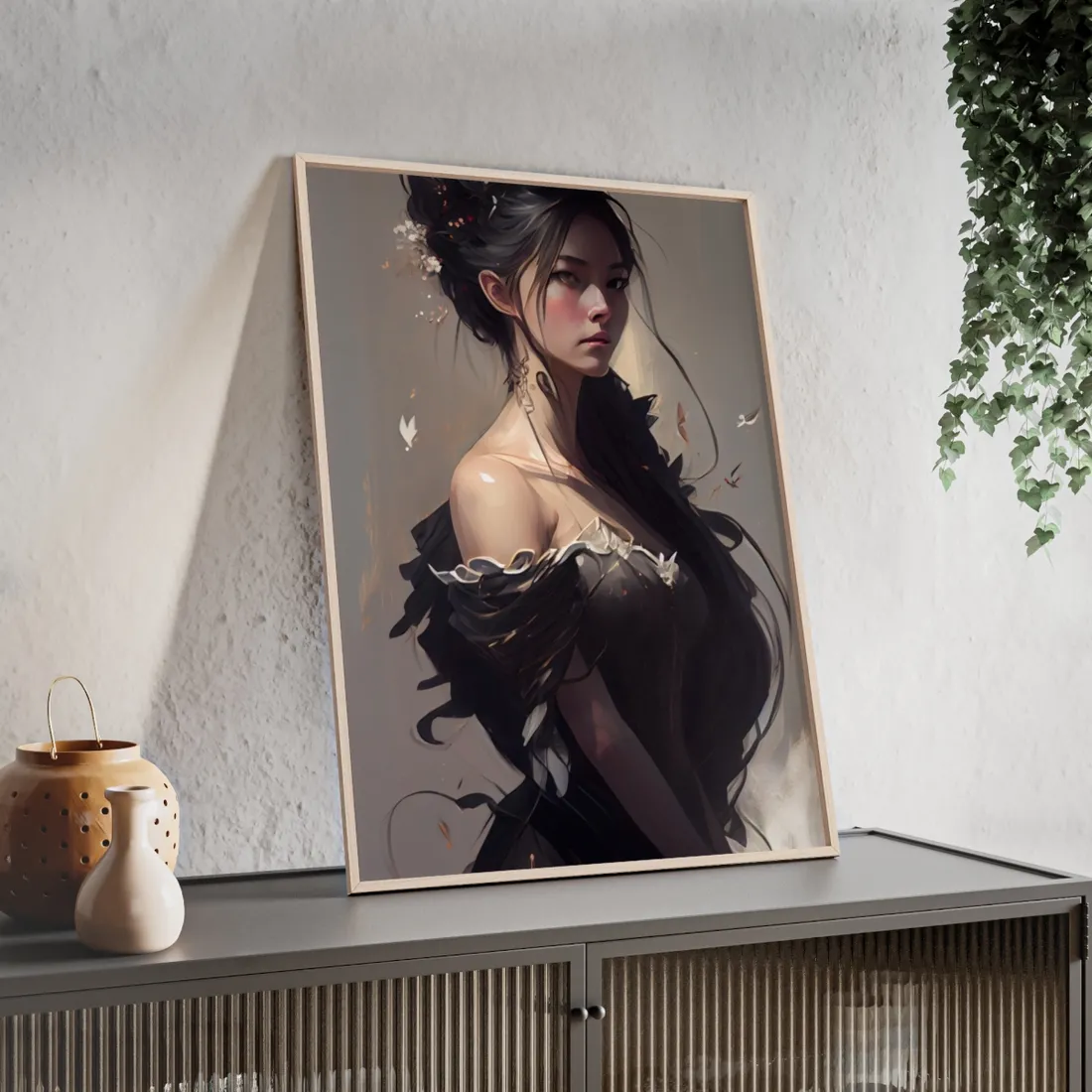 Elegant Black Hair Portrait: Beautiful Female in Dress Art - Framed Poster