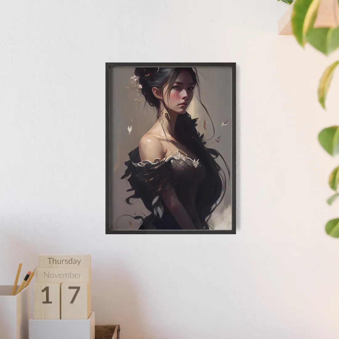 Elegant Black Hair Portrait: Beautiful Female in Dress Art - Framed Poster