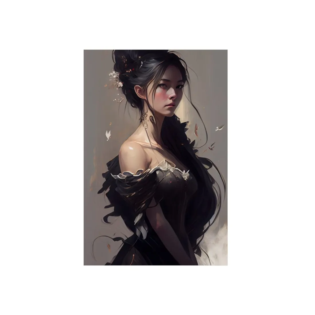 Elegant Black Hair Portrait: Beautiful Female in Dress Art - Metal Poster